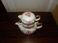 VINTAGE LEFTON CHINA #885 STACKING TEAPOT SET W ROSES & GOLD TRIM 