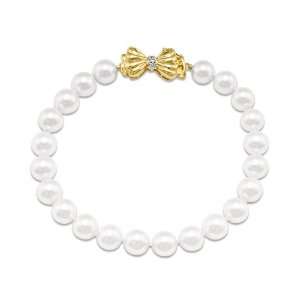  Akoya Pearl Bow Bracelet with Diamonds in 14K Yellow Gold 