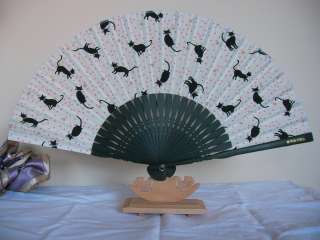 NEW RARE Cute Black Cat Pinky Dot Cotton Hand Fan Nicely Carved 