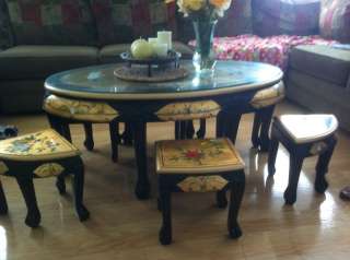 Chinese Coffee Table W/ 6 Small Chairs + Glass Top  