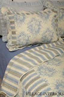 FRENCH COUNTRY LIFE BLUE TOILE & STRIPE KING QUILT SET  