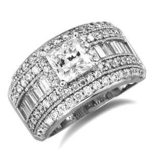  14k White Gold Prong Set Princess Center with Side Stones CZ Cubic 