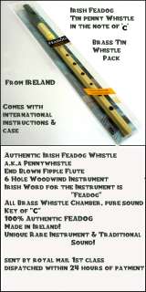 Brass Feadog Key of C Note Irish Tin Penny Whistle PACK  
