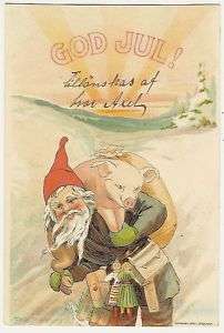Gnomes, Gnome with a Pig and Toys, old litho postcard  