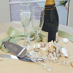 Beach Wedding Champagne Flutes & Cake Server Set Engraved FREE