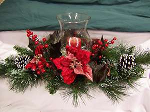   FROSTED PINE & POINSETTIA Christmas Centerpiece w/ Candle, Vase  
