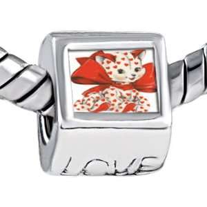 Cute Heart Cat Wearing Red Bow Engraved Love Beads Fits Pandora Charm 