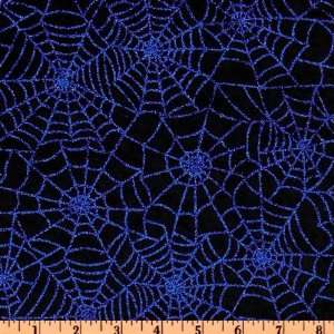   Wide Stretch Glitter Velour Spider Webs Blue/Black Fabric By The Yard