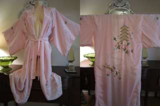   SILK Robe Coat Japanese Art Antique Asian PINK Embroidery Decor  