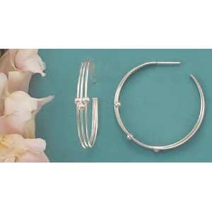 Sterling Silver Triple Wire Hoop Earrings, 2mm Bead/Balls, Post, 1 5/8 