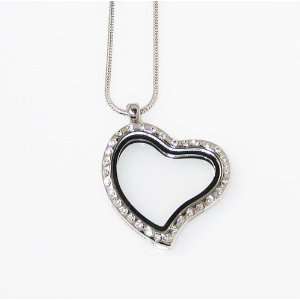    CZ Heart Shaped Clear Glass Memory Locket Necklace Jewelry