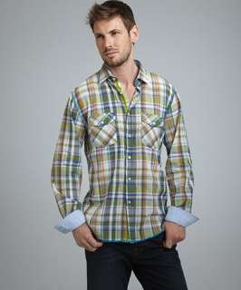 Arnold Zimberg green plaid cotton button front pocket shirt