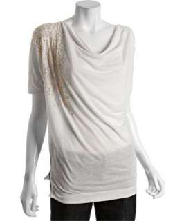 Aryn K white jersey shoulder detail cowl neck top   