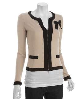Autumn Cashmere sand dollar and black cashmere zip front bow cardigan