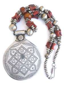 Old Berber Necklace Coral, Amber, Silver   Morocco  