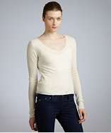 Enza Costa cream cashmere rolled hem v neck sweater style# 320026301