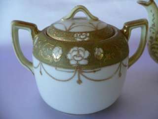 ANTIQUE NIPPON HAND PAINTED GOLD TEAPOT & SUGAR BOWL