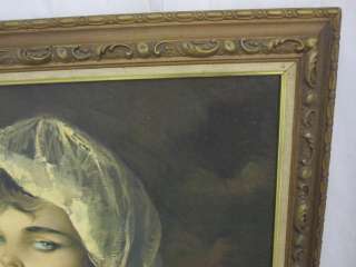  Wood Frame with Print of Young Lady in Red Dress Artist Signed  