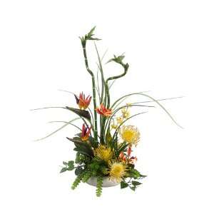 Faux 26Hx19Wx14L Lucky Bamboo/Protea/Bird of Paradise in Dish Orange 