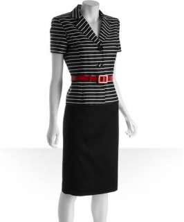 Tahari ASL black striped stretch cotton belted short sleeve skirt suit