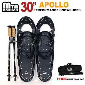 Man Woman Kid Youth 30 BLACK Snowshoes with BLACK Nordic Walking Pole 