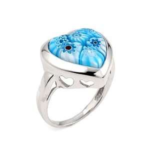   Silver Murano Millefiori Blue Heart Ring   RingSize 6 Jewelry