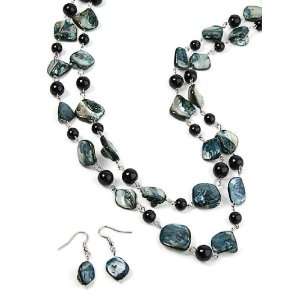Black Shell Faux Pearl Beaded Necklace and Earring Set Fashion Jewelry