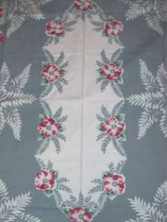 Vintage Tablecloth Gray w/ Fern Leaves and Red Flowers 52x61  
