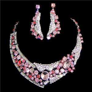   Necklace Earring Set Pink Swarovski Crystal Circle Wave Square  