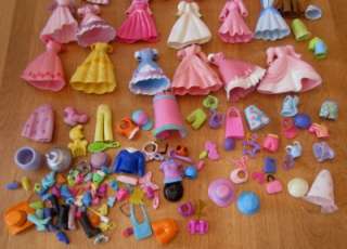 Huge POLLY POCKET Lot Dolls Disney Princess Dresses Clothes Shoes Pets 