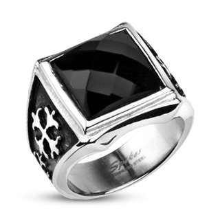 Stainless Steel Mens Square Large Black Faceted CZ Cross Ring Size 9 