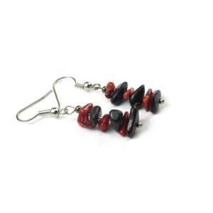   Onyx and Red Bamboo Coral Polished Chips Dangle Earrings Jewelry