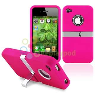 Pink w/ Chrome Stand Case Cover+Windshield Holder+Charger For iPhone 4 