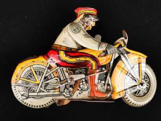 Vintage 1930s Marx Wind Up Police Man Motorcycle Siren Tin Toy  