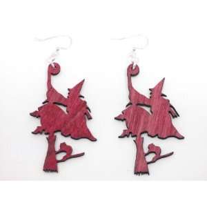  Cherry Red Witch on Broom Wooden Earrings GTJ Jewelry