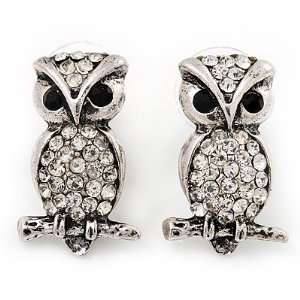  Antique Silver Crystal Owl Stud Earrings   2.5cm Length Jewelry