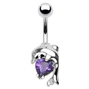  Surgical Steel Dolphin Belly Button Navel Ring with Purple 