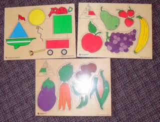   Judy/Instructo wood puzzles (4 6 piece) Veggie, Fruit, Shapes  