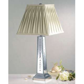NEW 1 Light Style Etched Mirror Table Lamp, Chrome, Beige Faux Silk 
