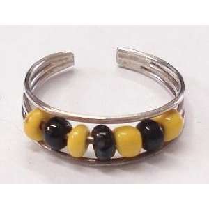  Black & Yellow Beads Silver Toe Ring 