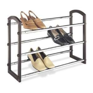   Three Tier Faux Leather Expanding Shoe Rack in Chrome