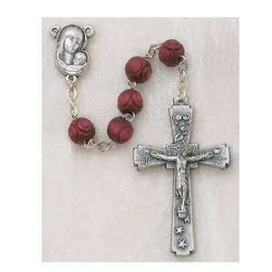  7MM BEADS CARVED RED WOOD ROSARY 